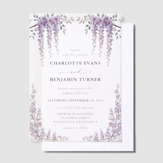 ゴージャスウォーターカラーフジテリアフローラ庭園の結婚式 ベラム紙招待状 (オフセット)