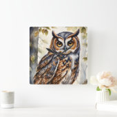 ゴージャスウッドフクロウオンツリーブランチ離れ スクエア壁時計 (ホーム)