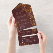 ゴージャスエレガントなブルゴーニュと金ゴールドフローラの葉 オールインワン招待状 (貼ってはがせる)
