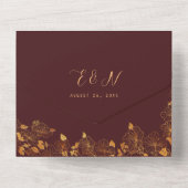 ゴージャスエレガントなブルゴーニュと金ゴールドフローラの葉 オールインワン招待状 (裏面)