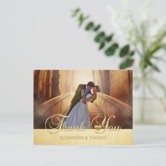 ゴージャスエレガントな金ゴールドハートありがとうご結婚ざう ポストカード (スタンド正面)