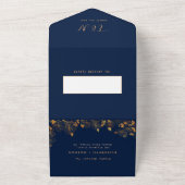 ゴージャスエレガントな金ゴールドフローラの葉ネイビーブルー オールインワン招待状 (外側)