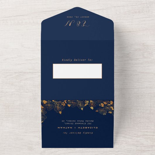 ゴージャスエレガントな金ゴールドフローラの葉ネイビーブルー オールインワン招待状 (外側)