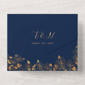 ゴージャスエレガントな金ゴールドフローラの葉ネイビーブルー オールインワン招待状 (裏面)