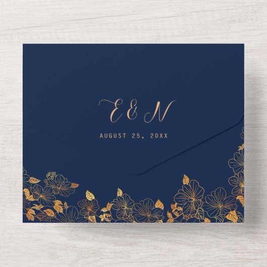 ゴージャスエレガントな金ゴールドフローラの葉ネイビーブルー オールインワン招待状 (裏面)