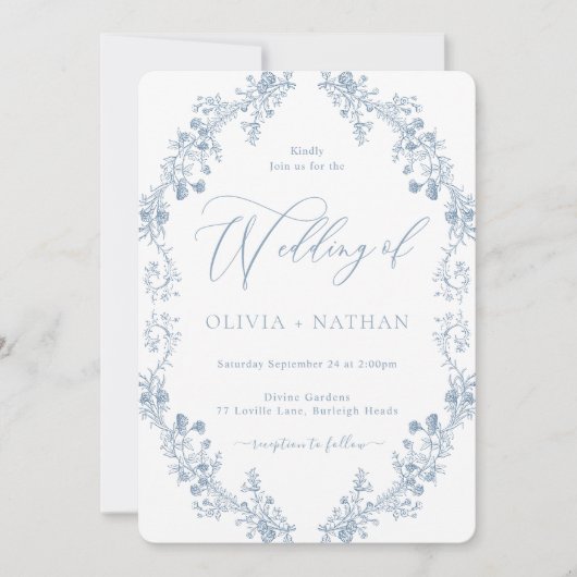 ゴージャスエレガントヴィンテージブルーフローラ結婚ズ 招待状 (正面)