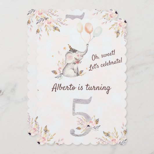 ゴージャスエレファントボホフローラ第五誕生日 招待状 (正面/裏面)