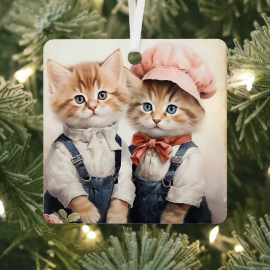 ゴージャスオレンジの子猫のカップル クリスマス メタルオーナメント (インサイチュ)
