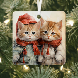 ゴージャスオレンジの子猫のカップル クリスマス メタルオーナメント