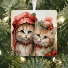 ゴージャスオレンジの子猫カップル クリスマス メタルオーナメント
