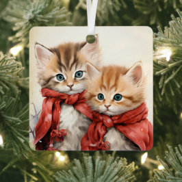 ゴージャスオレンジの子猫カップル クリスマス メタルオーナメント