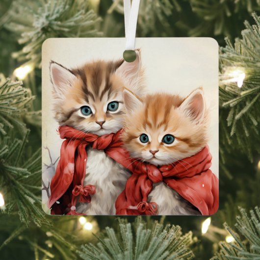 ゴージャスオレンジの子猫カップル クリスマス メタルオーナメント (インサイチュ)