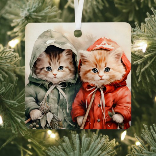 ゴージャスオレンジの子猫カップル クリスマス メタルオーナメント (インサイチュ)