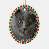 ゴージャスカスタムなグレーの猫の写真と緑の赤いフレーム セラミックオーナメント (右)