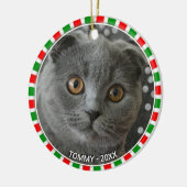 ゴージャスカスタムなグレーの猫の写真と緑の赤いフレーム セラミックオーナメント (左)