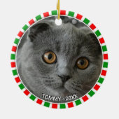 ゴージャスカスタムなグレーの猫の写真と緑の赤いフレーム セラミックオーナメント (裏面)