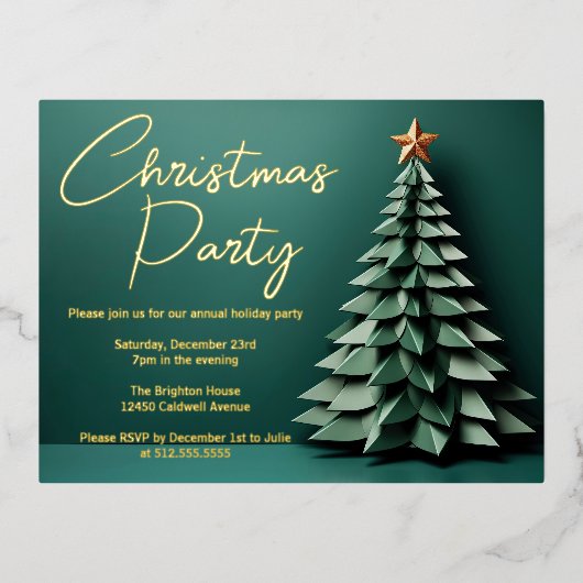 ゴージャスグリーンクリスマス芸術的パーティーツリー金ゴールド 箔招待状ポストカード (正面)