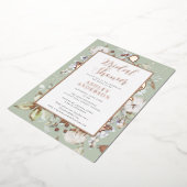 ゴージャスグリーンボタニカルブライダルシャワーバラ金ゴールド 箔招待状 (回転した状態)