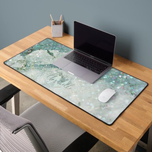 ゴージャスグリーンマーブルとグリッター モノグラムの デスクマット (オフィス2)
