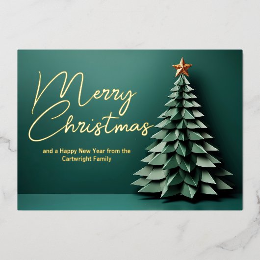 ゴージャスグリーンメリークリスマスツリー金ゴールド 箔シーズンカード (正面)