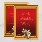 ゴージャスゴールドフレームと疑似リボン 50歳の誕生日 招待状 (正面/裏面)