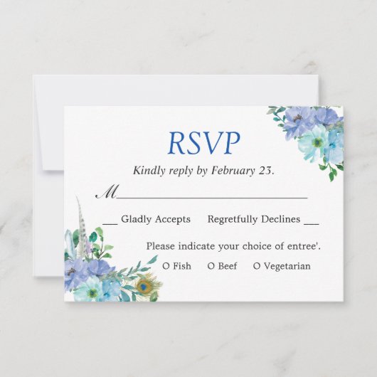 ゴージャスサファイアブルーフローラシック結婚式RSVP 出欠カード (正面)