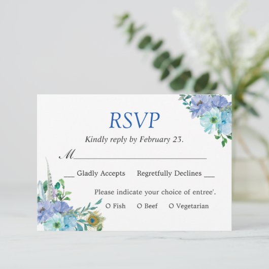 ゴージャスサファイアブルーフローラシック結婚式RSVP 出欠カード (スタンド正面)