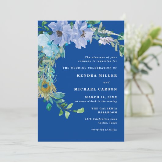 ゴージャスサファイアブルーフローラ結婚式招待状 招待状 (スタンド正面)