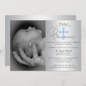 ゴージャスシルバーブルークロスボーイフォト《キリスト教》洗礼式や命名式 招待状 (正面/裏面)