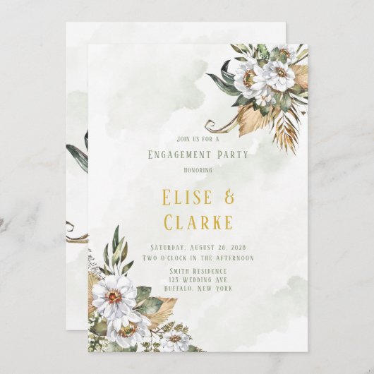 ゴージャスセージとホワイト牡丹婚約パーティ 招待状 (正面/裏面)