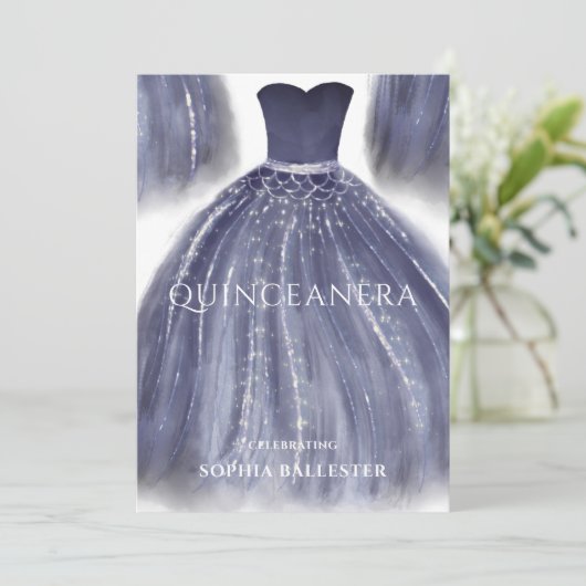 ゴージャスネイビーブルーキンセアニェラドレスガウンパーティー 招待状 (スタンド正面)