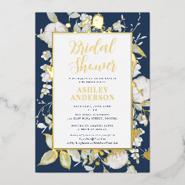 ゴージャスネイビーブルーボタニカルブライダルシャワー金ゴールド 箔招待状