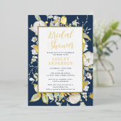 ゴージャスネイビーブルーボタニカルブライダルシャワー金ゴールド 箔招待状 (立ち正面)