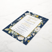 ゴージャスネイビーブルーボタニカルブライダルシャワー金ゴールド 箔招待状 (回転した状態)