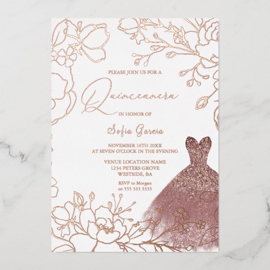 ゴージャスバラ葉金ゴールド赤面ドレスキンセアニェラ 箔招待状 (正面)