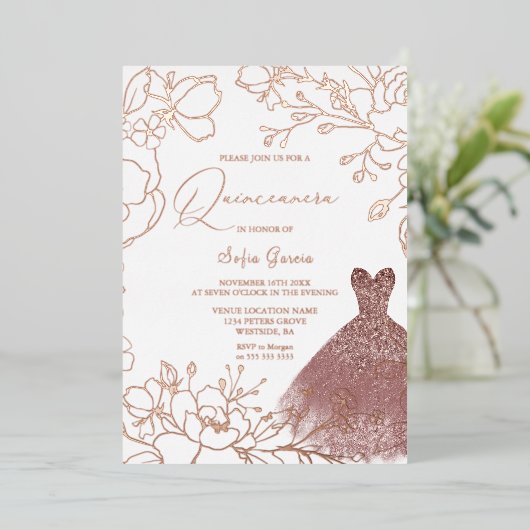 ゴージャスバラ葉金ゴールド赤面ドレスキンセアニェラ 箔招待状 (立ち正面)