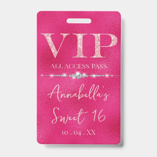 ゴージャスパーティー用ピンクグリッターVIPパス バッジ (正面)