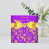 ゴージャスパープルイエローローズダマスク誕生日パーティー 招待状 (スタンド正面)