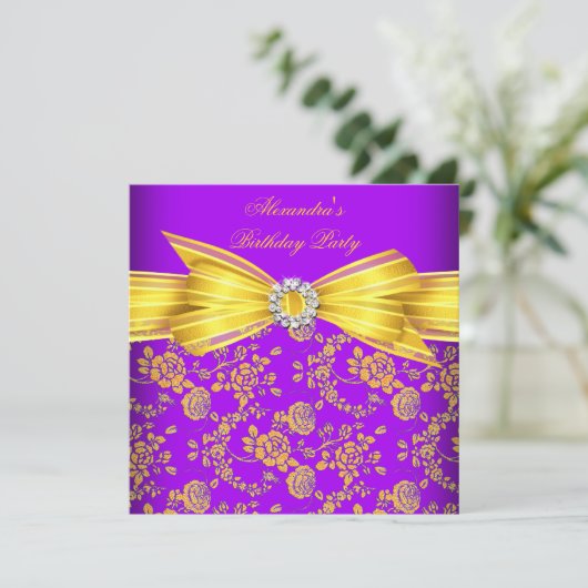 ゴージャスパープルイエローローズダマスク誕生日パーティー 招待状 (スタンド正面)