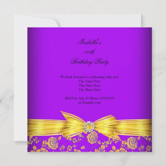ゴージャスパープルイエローローズダマスク誕生日パーティー 招待状 (裏面)