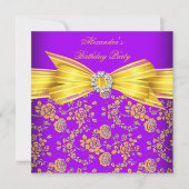 ゴージャスパープルイエローローズダマスク誕生日パーティー 招待状 (正面)