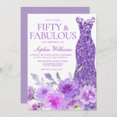 ゴージャスパープルラベンダーフローラ50誕生日 招待状 (正面/裏面)