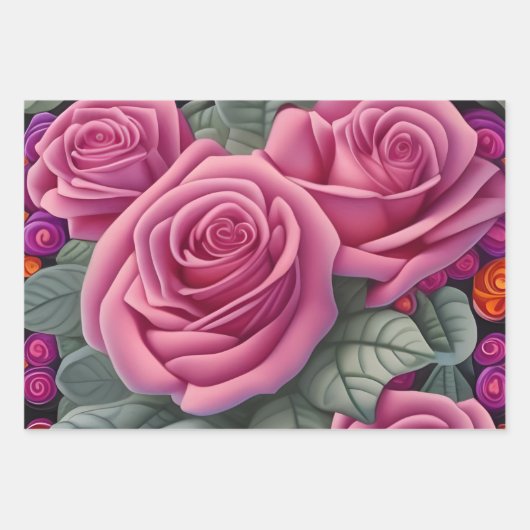 ゴージャスビクトリアンパステルピンクローズプリント ラッピングペーパーシート (正面3)