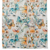 ゴージャスフローラティール（緑がかった色）オレンジバタフライ シャワーカーテン (正面)