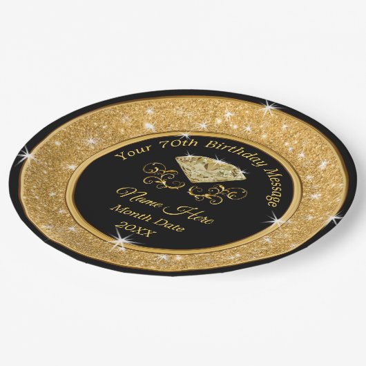 ゴージャスブラック&金ゴールド70番目の誕生日紙プレート ペーパープレート (アングル)