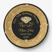 ゴージャスブラック&金ゴールド70番目の誕生日紙プレート ペーパープレート (正面)