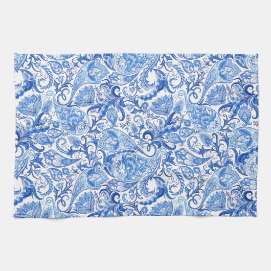 ゴージャスブルーホワイトフローラペイズリーアートパターン キッチンタオル (横)