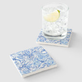 ゴージャスブルーホワイトフローラペイズリーアートパターン ストーンコースター (横)