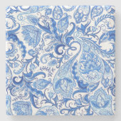 ゴージャスブルーホワイトフローラペイズリーアートパターン ストーンコースター (正面)