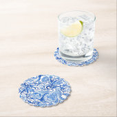 ゴージャスブルーホワイトフローラペイズリーアートパターン ペーパーコースター (インサイチュ)